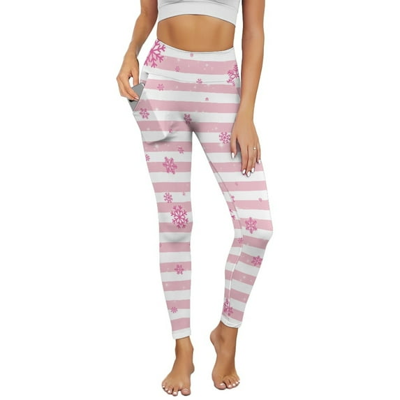 Renewold Snowflake Stripe Pink Leggings for Women with Pockets Buttery Soft Running Pants High Waisted Spandex Graphic Leggings Thick Essential Pants Scrunch Butt Lifting, S