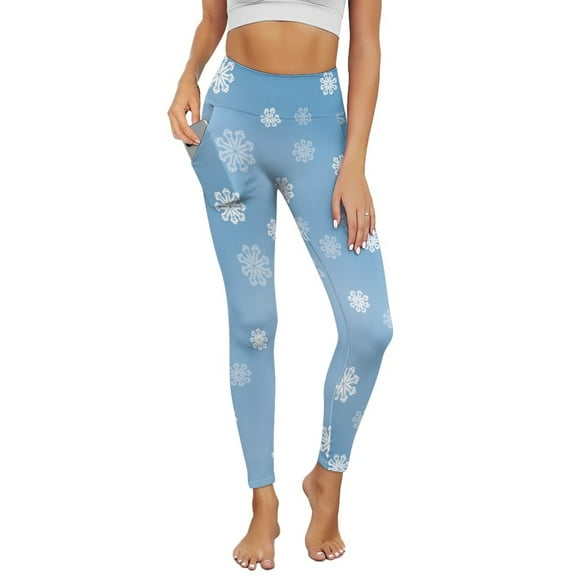 Renewold Snowflakes Blue Leggings for Women with Pockets Running Pants Tight High Waisted Spandex Graphic Leggings Trendy Essential Pants Scrunch Butt Lifting, L