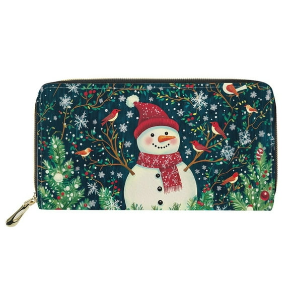 Renewold Snowman Bird PU Leather Long Wallet for Women Girls, Christmas Clutch Purse Zip Around Purse Coin Pouch ID Cards Holder Coin Bags with Multiple Card Slots