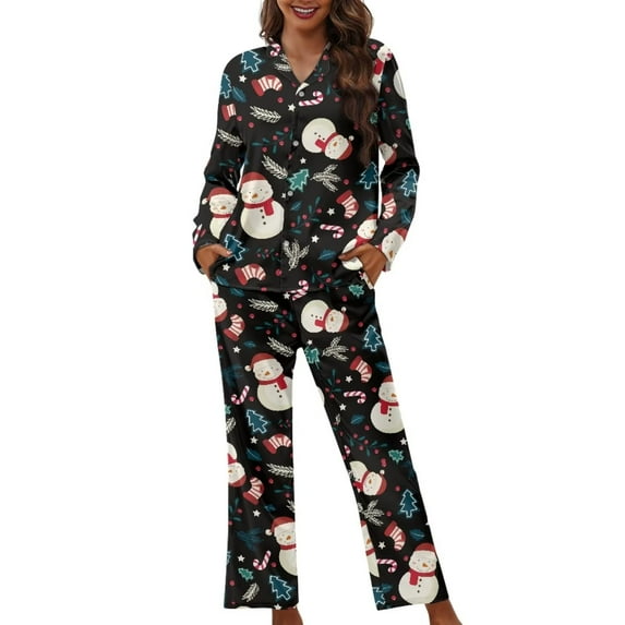 Renewold Snowman Xmas Trees Button Pajama Nightwear for Women Softness Long Sleeve Pullover Tops Clothing Thermal Christmas Pjs Shirts and Pants Matching Set of 2,Size XL