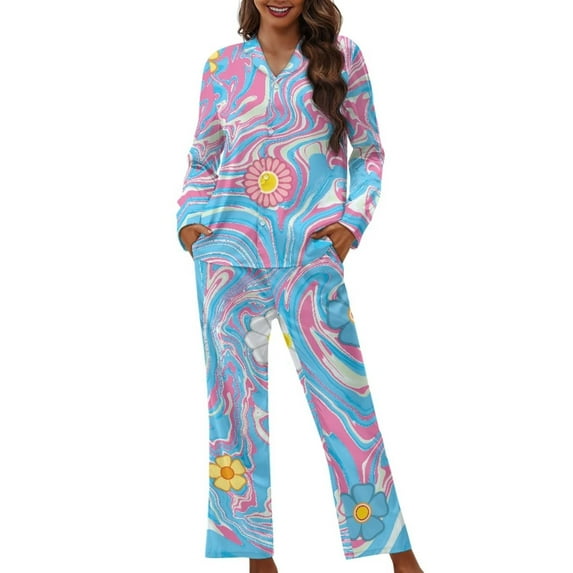 Renewold Soft Button Pajamas for Women Set Stretchy Softness Sleep Jogger Loungewear 2 Packs Abstract Hippie Daisy Loungewear Elastic Athletic Clothing Size XS