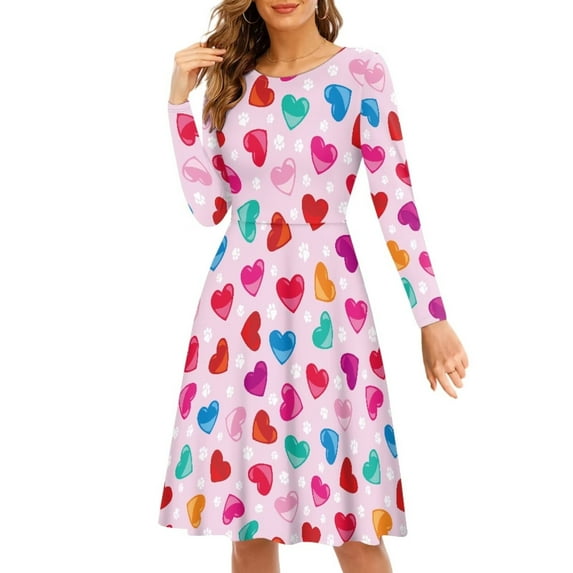 Renewold Soft Comfortable Swing Dress Valentine's Day Women Long Sleeve Dress 2XL Colorful Hearts Long-Sleeve Midi Dress Flowy Dress for Club Picnic Tours