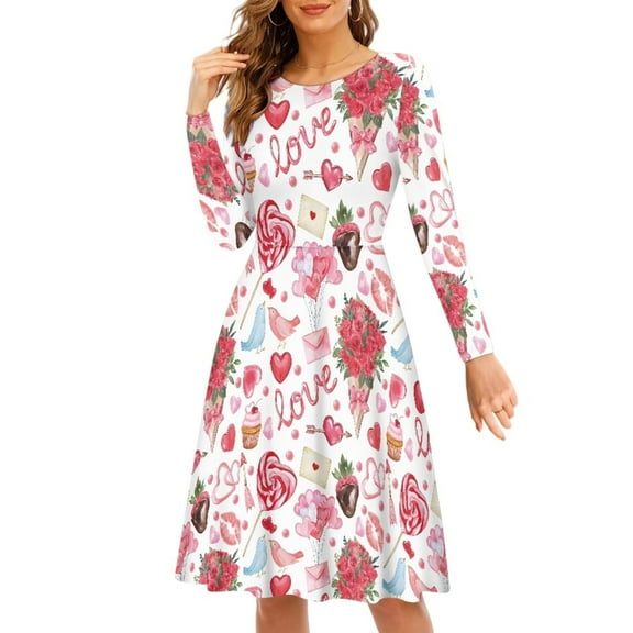 Renewold Soft Midi Dress for Women Valentine's Day Long-Sleeve Round Neck Swing Twirl Clothes Roses Love Fall Winter Going Out Tour Playwear Flowy Dress Size L