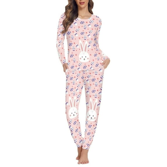 Renewold Soft Pajamas Tops and Pants Matching Set of 2 Heart Rabbit Crew Neck Sleepwear Easter Egg Women Nightwear Size 4XL Casual Outdoor Walking Outfits Loungewear
