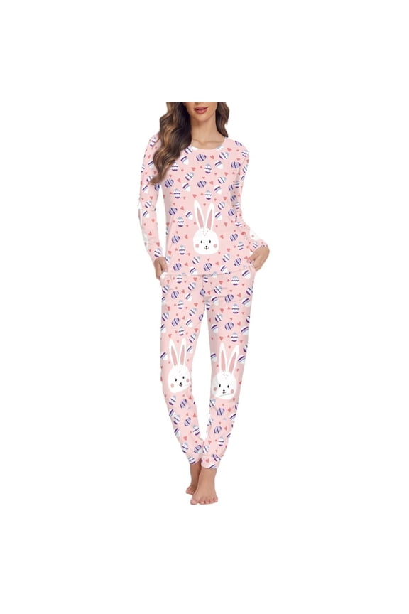 Soft Pajamas Tops and Pants Matching Set of 2 Heart Rabbit Crew Neck Sleepwear Easter Egg Women Nightwear Size 4XL Casual Outdoor Walking Outfits Loungewear