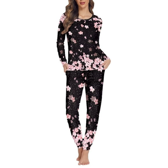 Renewold Softest Sleepwear for Women Pajama Set 2-Pack Petite Nightwear,Size L Fall Winter Outfits Lightweight PJ Sweatpants with Tow Big Pockets,Cherry Blossom Graphic