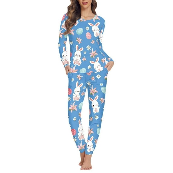 Renewold Softness Blue Pajama Set of 2 Casual Easter Egg Indoor Daily Wear Floral Rabbit Women Loungewear Tracksuit Warmth Fall Spring Winter Nightwear Size 2XL