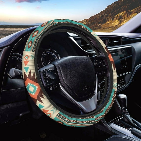 Renewold Southwest American Tribal Beige Cyan Auto Steering Wheel Cover for Women Men, Universal 15 Inch Soft Elastic Steering Wheel Wrap Anti-Slip Easy to Install Car Accessories