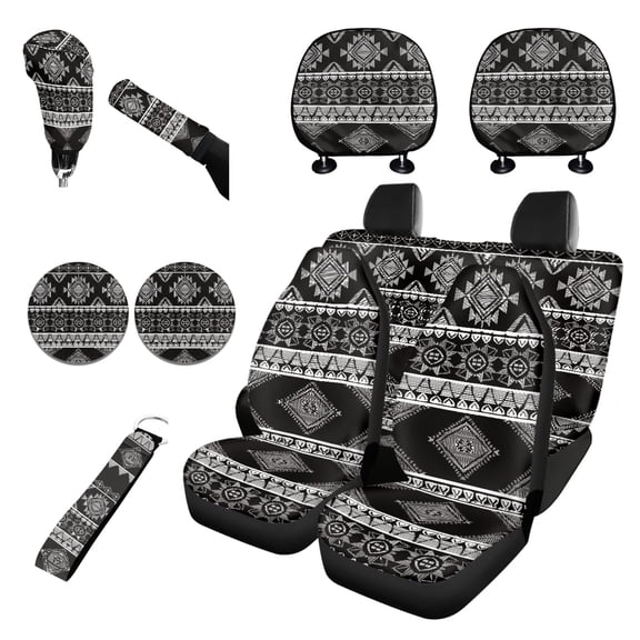 Renewold Southwest American Tribal Black White Car Seat Covers Front Back Seat Covers Full Set with Keychain Headrest Cover Cup Coasters Handbrake Cover Gear Shift Cover Universal Fit Most Cars