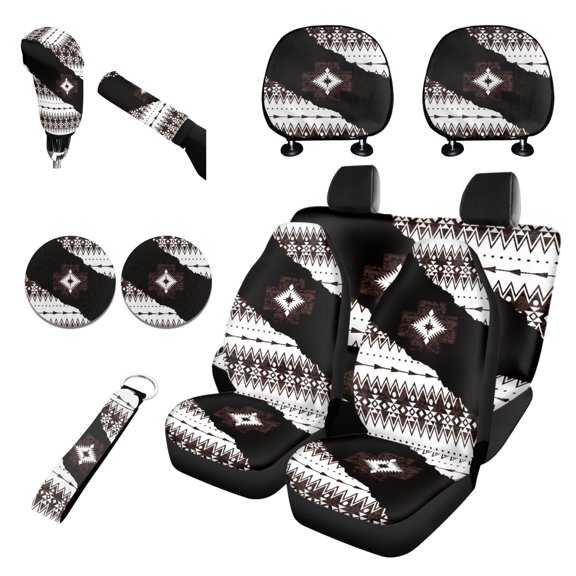 Renewold Southwest American Tribal Car Seat Covers Full Set 11 Pack, Front and Rear Car Seat Protector Keychain Headrest Cover Cup Coasters Handbrake Cover Gear Shift Knob Cover Auto Accessories