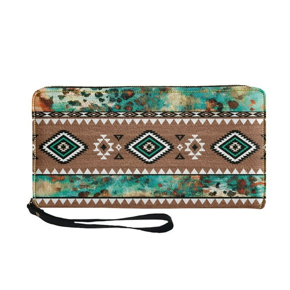 Renewold Southwest American Tribal Cow Print PU Leather Wallet for Women Coin Bag with Wrist Strap Cash Card Holder Coins Pouch for Adults Ladies, Teal