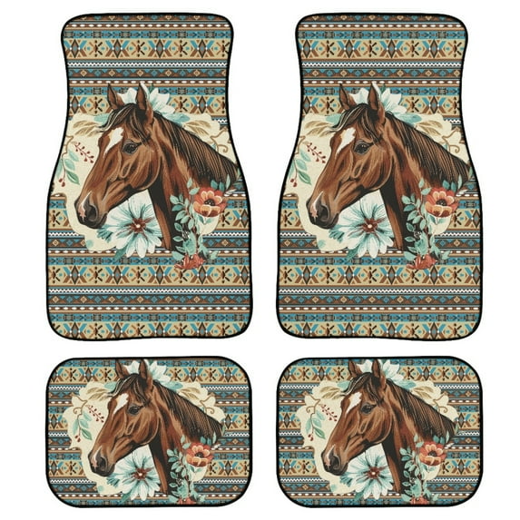 Renewold Southwest American Tribal Horse Flower Car Floor Mats 4 PCS with Rubber Backing Universal Fit Front & Rear Auto Rugs Full Set, Car Interior Decor for Car SUV Van Trucks