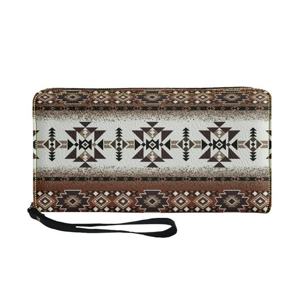 Renewold Southwest American Tribal Women Wallet with Wrist Strap Zipper Closure Faux Leather Mini Wristlet Coin Bag Purse Handbag for Travel Shopping, Dark Brown