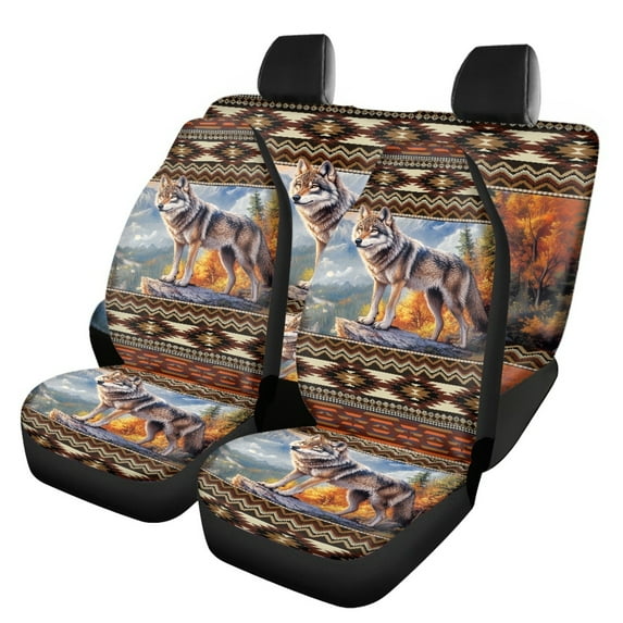 Renewold Southwestern American Tribal Wolf Brown Car Front Back Seat Covers Full Set 4 PCS, Universal Fit Most Cars SUV Vans Trucks, Fashion Auto Accessories for Women Men