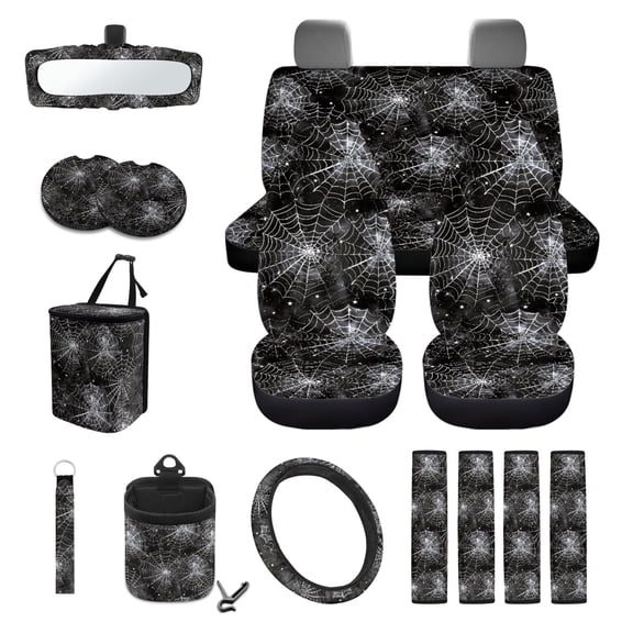 Renewold Spider Web Star Black Car Seat Covers Full Set, with Steering Wheel Rear View Mirror Cover Safe Belt Pads Coasters Garbage Can Keychain Air Vent Storage Bag Halloween Car Decor, 15 PCS