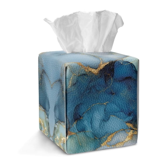 Renewold Square Tissue Box Cover Anti-dust PU Leather Tissue Box Organizer Washable Decorative Facial Paper Organizer Dispenser for Hotel Night Stands Bathroom, Blue Gold Marble Print