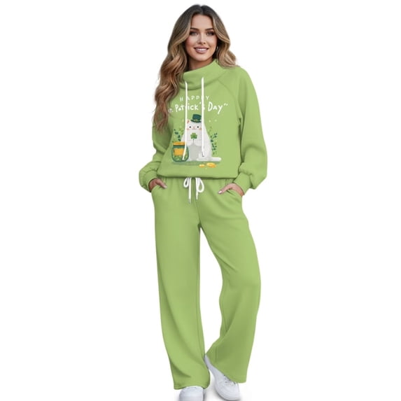 Renewold St. Patrick's Day 2 Piece Lounge Sets Petite for Women Matching Set Track Suit Mock Neck Sweatshirts and Wide Leg Pants Workout Clothes for Jogging, Green Clover Gold Coin Cat, XS