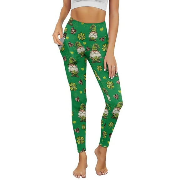 Renewold St. Patrick's Day Gnome Love Clover Green Leggings for Women with Pockets Running Pants Tight High Waisted Spandex Graphic Leggings Trendy Essential Pants, XS