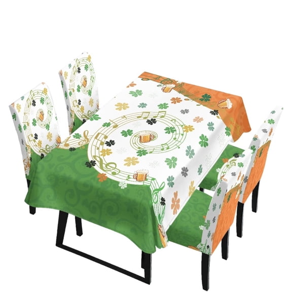 Renewold St. Patrick's Day Seat Covers for Dining Chairs Ireland Flag Pattern Parsons Chair Slipcovers Table Cloth Set of 5, Dust-proof Rectangle Tablecloths, Green Clover Music Note Beer Print