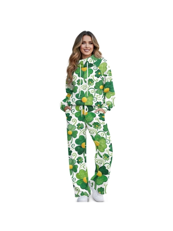 St. Patrick's Day Women's Holiday Outfits 2 Piece Outfits Include Sweatshirts and Pants Lounge Sets Petite Matching Sweatsuits Set, Green Four Leaf Clover Print, XS