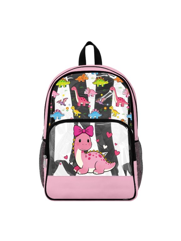 Stadium Clear Backpack 17 Inch Large Travel Backpack with Brachiosaurus Pterosaur T-Rex Floral Print Clear Bookbag for High School Student Teen Travel Bag, Pink Dinosaur Heart Print