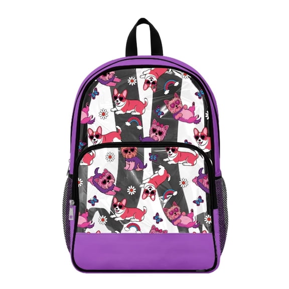 Renewold Stadium Clear Backpack Large Capacity School Backpack 17 Inch See Through Bag Corgi Yorkshire Terrier Print PVC Clear Bookbag for Sports Events, Dog Daisy Butterfly Rainbow Print Violet