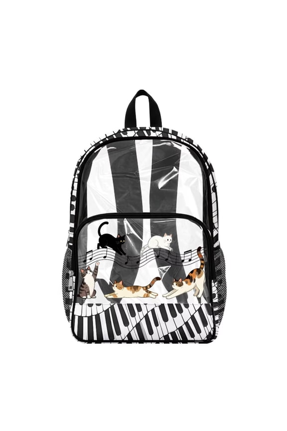 Stadium Clear Backpack Large Capacity with Side Pockets Adjustable Straps See Through Bag Backpack for Kindergarten Preschool Workplace, Cat Music Note Piano Key Print Black White