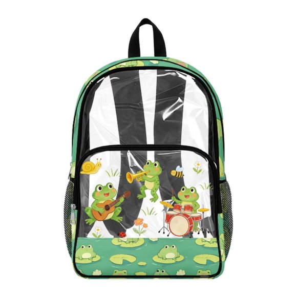 Renewold Stadium Clear Backpack Large Capacity Travel Backpack 17 Inch See Through Bag with Side Pockets PVC Clear Bookbag for Stadium Sports Events Security Check, Green Frog Floral Insect Print