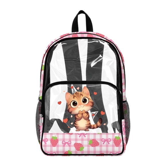 Renewold Stadium Clear Backpack Large Capacity Travel Backpack 17 Inch See Through Bag with Side Pockets PVC Clear Bookbag for Stadium Sports Security Check, Cat Strawberry Bow Plaid Print Pink