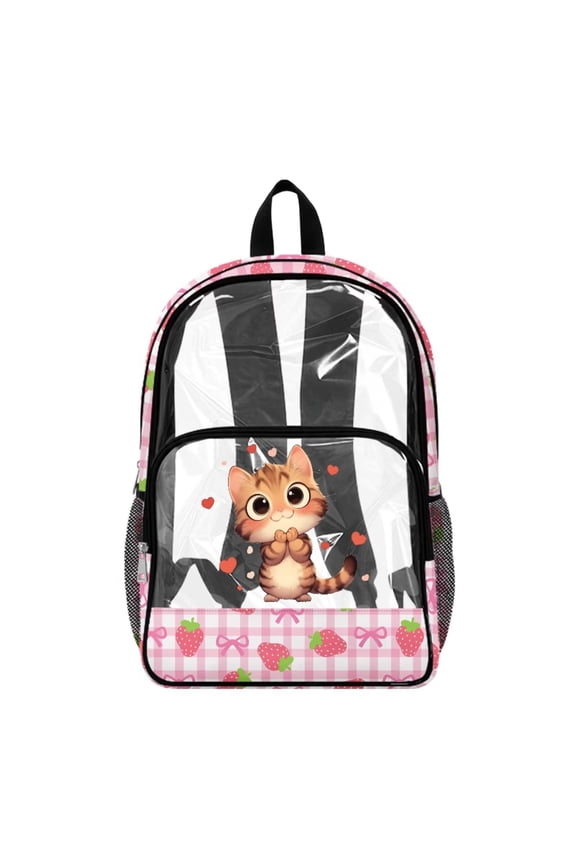 Stadium Clear Backpack Large Capacity Travel Backpack 17 Inch See Through Bag with Side Pockets PVC Clear Bookbag for Stadium Sports Security Check, Cat Strawberry Bow Plaid Print Pink