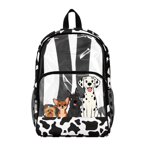 Renewold Stadium Clear Backpack Large Capacity Travel Backpack 17 Inch See Through Bag Yorkshire Terrier Print PVC Clear Bookbag for Stadium Sports Events, Dalmatian Schnauzer Chihuahua Cow Print
