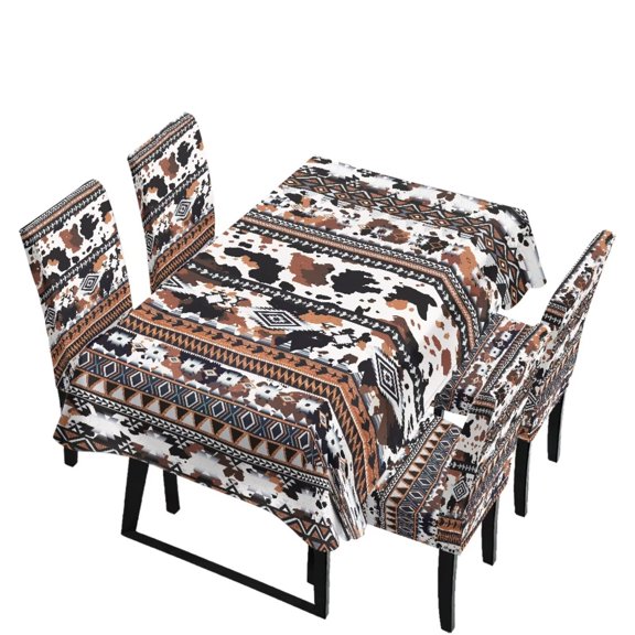 Renewold Stain Resistant Tablecloths and Dining Seat Covers Set of 5, Kitchen Chair Slipcovers Anti-wrinkle Table Slipcover Chair Covers for Wedding Party Home, Aztec Tribe Cow Print Brown