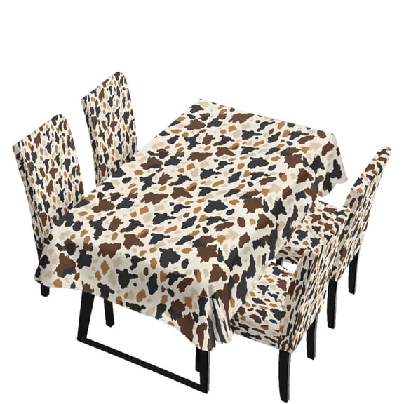 Renewold Stain Resistant Tablecloths and Dining Seat Covers Set of 5, Kitchen Chair Slipcovers Anti-wrinkle Table Slipcover Chair Seat Covers for Restaurant Hotel Home, Cow Print