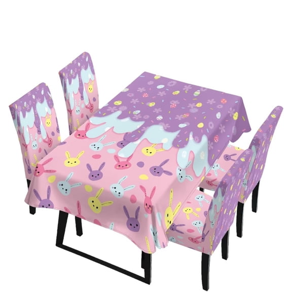 Renewold Stain Resistant Tablecloths and Dining Seat Covers Set of 5, Kitchen Chair Slipcovers Table Slipcover Chair Seat Covers for Easter Party Decor, Easter Bunny Eggs Floral Print