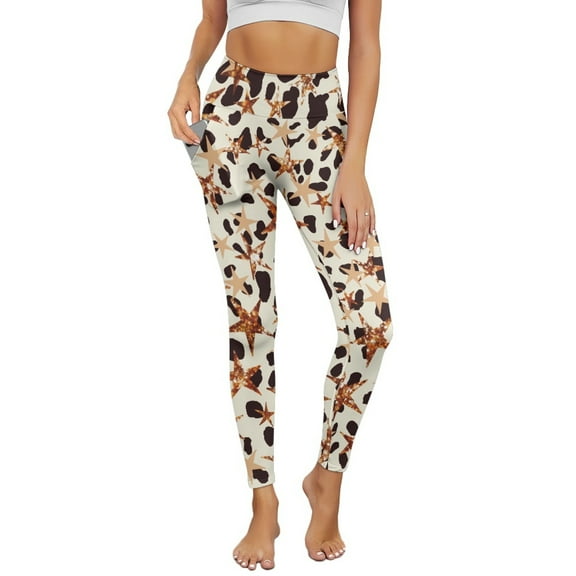 Renewold Star Leopard Print Brown Yoga Pants with Pockets for Women Full Length Lounge Leggings High Waist Tummy Control Running Pants Activewear Stylish Womens Leggings, 3XL