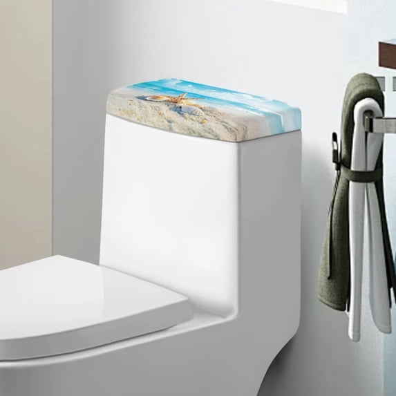 Renewold Starfish Shell Beach Printed Toilet Tank Lid Covers Stretchable, Non-Slip Washable Toilet Dust Cover for Home Bathroom Decoration Accessories