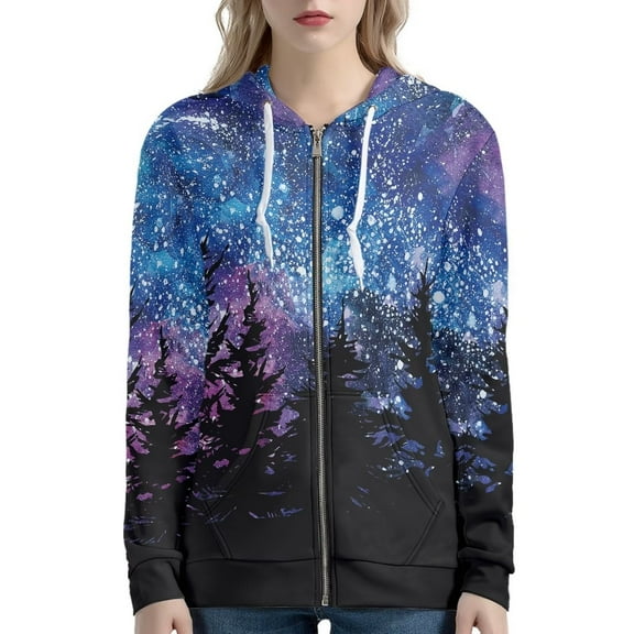 Renewold Starry Sky Night Forest Print Sweatshirt Zip Up Hoodies for Women Size S Soft Fabric Feeling Well Jacket Office Leisure Daily Coat with Pocket