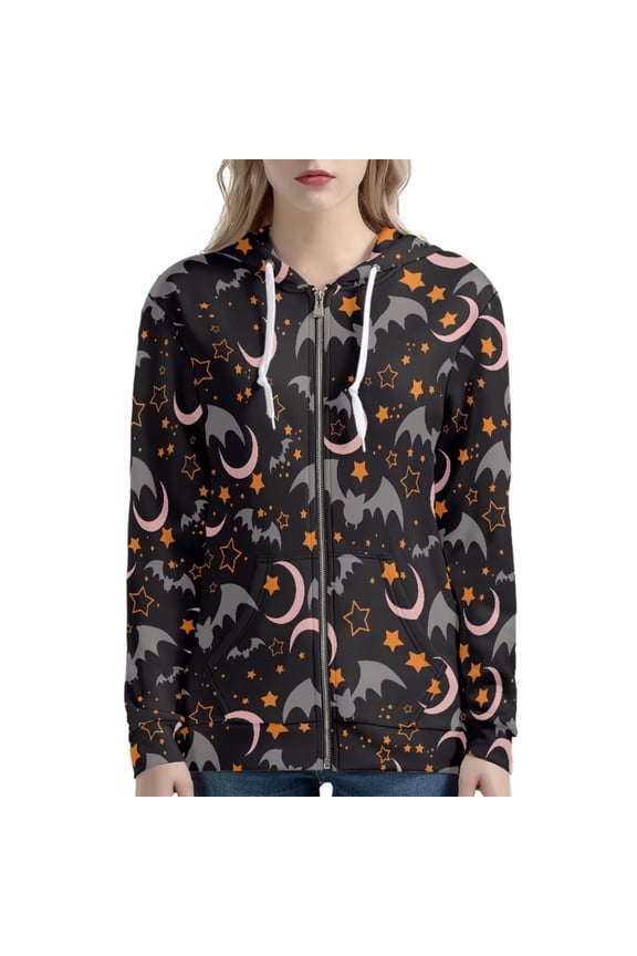 Stars Bats Long Sleeve Zip Up Hoodies Personalized Sweaters Y2K Jacket Halloween Streetwear Cozy Round Neck Long Sleeve Cricket Clothing Sweatshirt Size L