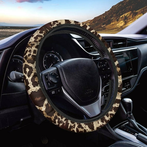 Renewold Steering Wheel Cover for Women Men, Soft Stretch Car Steering Wheel Protector Universal Fit for Sedans SUV, Brown Leopard Print Splash