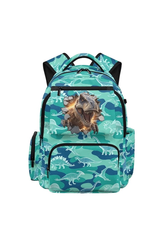 Stegosaurus Triceratops Pterosaur Print Back to School Backpack with Multi Pockets 17 Inch Large Backpack for 15.6 inch Laptop Daypack for Elementary Students, T-Rex Print Green