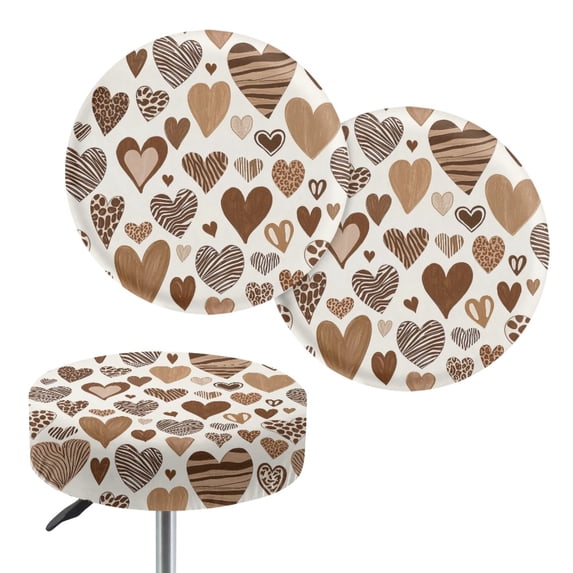 Renewold Stool Covers Round 2 Pack Stretch Bar Stool Saddle Padded Seat Covers Washable Animal Print Stool Slipcovers for 12-14 Inch Chair for Home Decor, Brown Heart Zebra Leopard Print