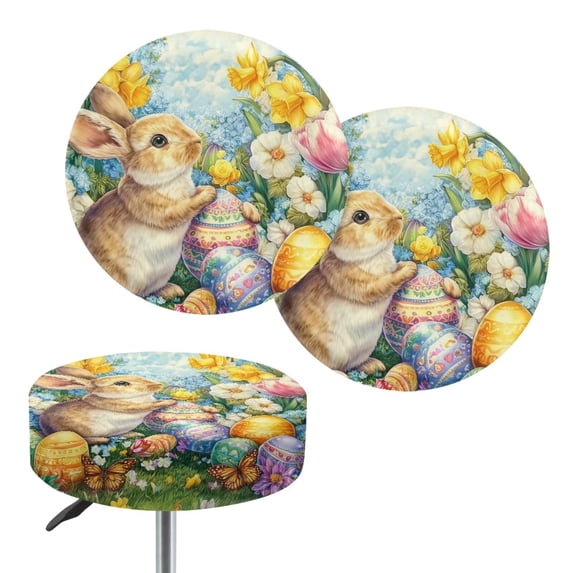 Renewold Stool Covers Round 2 Pack Stretch Bar Stool Saddle Padded Seat Covers Washable Stool Slipcovers for 12-14 Inch Chair for Home Easter Decor, Retro Rabbit Egg Spring Floral