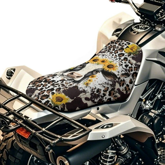 Renewold Stretch Fit ATV Seat Cover 25x10 Inch, ATV Decorative Accessories with Elastic Edge for Polaris Sportsman 450/570, Honda FourTrax, Kawasaki Brute Force, Cow Sunflower Leopard Print