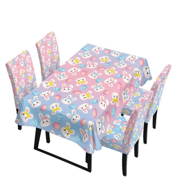 Renewold Stretch Kitchen Chair Slipcovers for Easter Decoration Removable Anti-wrinkle Rectangle Table Cloth, 5 Pieces Dining Table Chair Covers Set, Easter Egg Rabbit Print