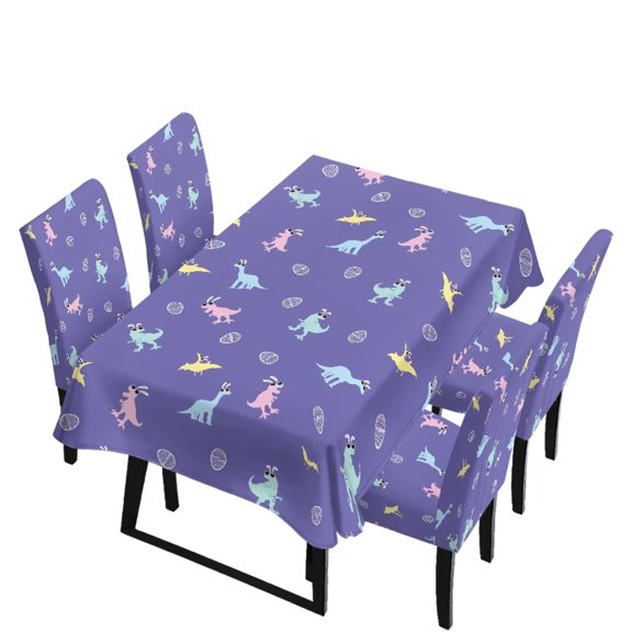 Renewold Stretch Kitchen Chair Slipcovers Removable Anti-wrinkle Rectangle Table Cover 5 Pieces Dining Table Chair Covers Set for Easter Decoration, Easter Egg Funny Dinosaur Print Violet