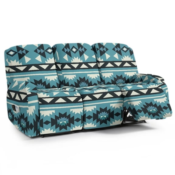 Renewold Stretch Recliner Sofa Cover Reclining Couch Slipcover with Elastic Bottom, 3 Seater Recliner Chair Cover Dustproof Furniture Protector Washable, Aztec Geometry Print Teal