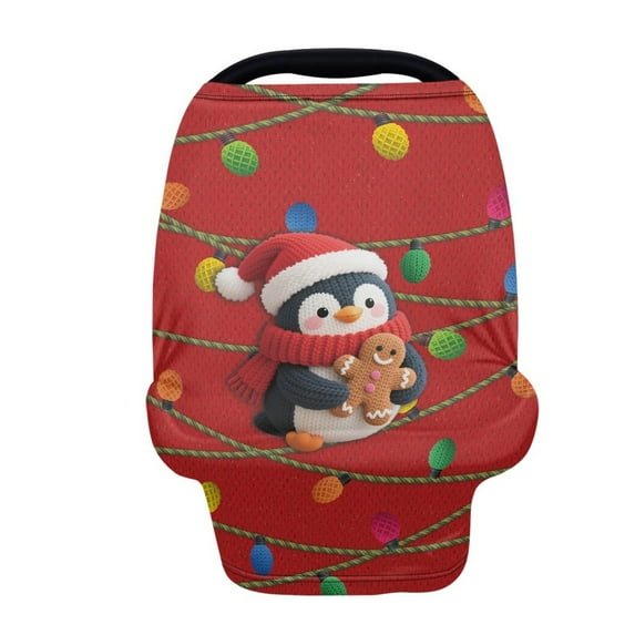 Renewold Stretchy Baby Car Seat Covers Carseat Canopy Baby Breastfeeding Stroller High Chair Shopping Cart Cover for Girls Boys Christmas Decor, Christmas Penguin Fairy Lights Red