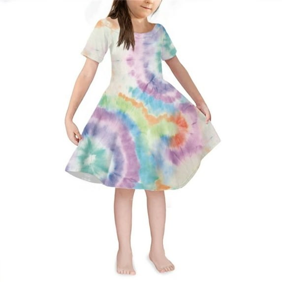 Renewold Stylish A-Line Swing Dresses for Kids Girls 11-12 T Loose A-Line Dress Colorful Tie Dye Short Sleeve Knee Length Dress Soft One-Shoulder Princess Sundress