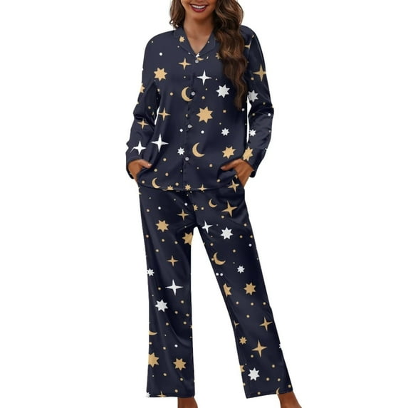 Renewold Stylish Cozy Stars Moon Button Down Pajamas Long Sleeve Sleepwear Lingerie Set 2pcs Personalized Relaxed Women Home Life Outfits Loungewear Size XL