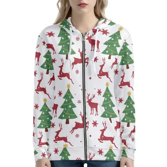 Renewold Stylish Jackets for Women Casual Zippered Hoodie Size XL Christmas Trees Reindeer Coat Tracksuit Cool Long-Sleeve Daily Sweatshirt Hoody Clothing
